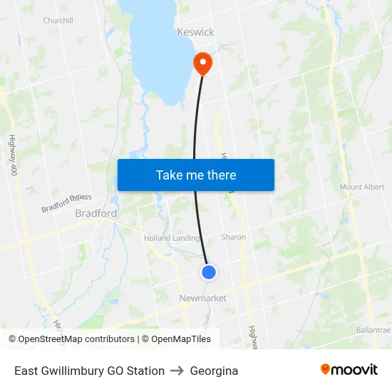East Gwillimbury GO Station to Georgina map
