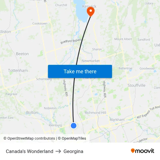 Canada’s Wonderland to Georgina map