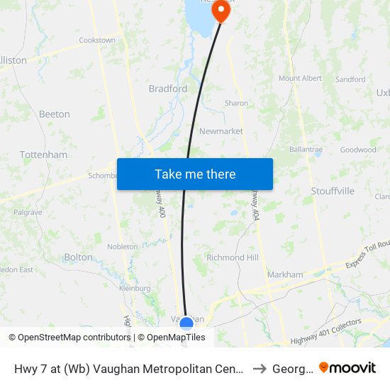 Hwy 7 at (Wb) Vaughan Metropolitan Centre Station to Georgina map