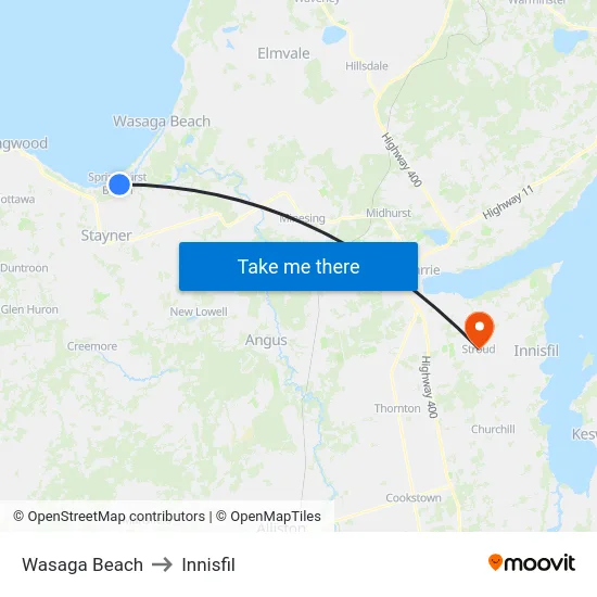 Wasaga Beach to Innisfil map