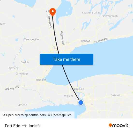 Fort Erie to Innisfil map