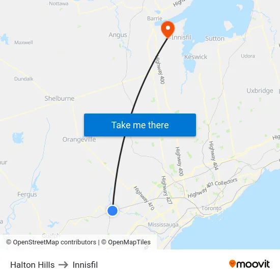 Halton Hills to Innisfil map