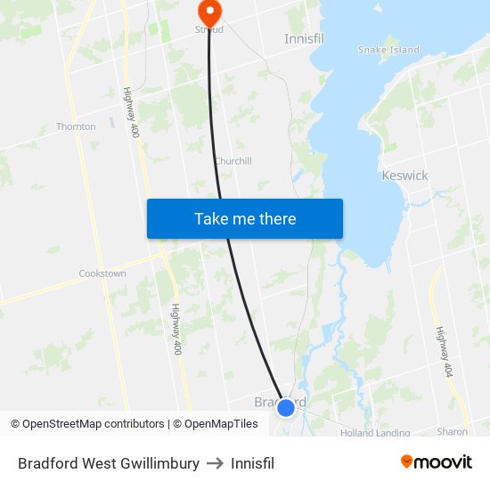 Bradford West Gwillimbury to Innisfil map