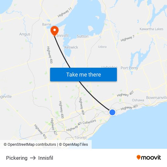 Pickering to Innisfil map