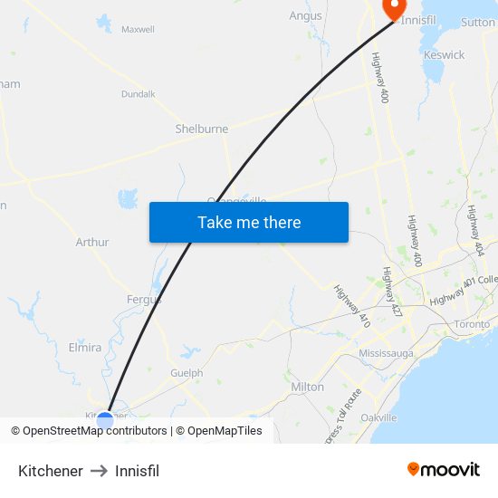 Kitchener to Innisfil map