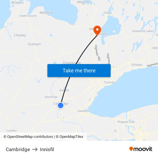 Cambridge to Innisfil map