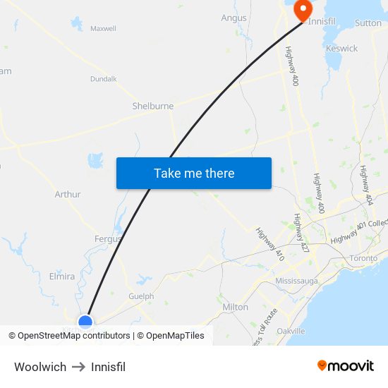 Woolwich to Innisfil map