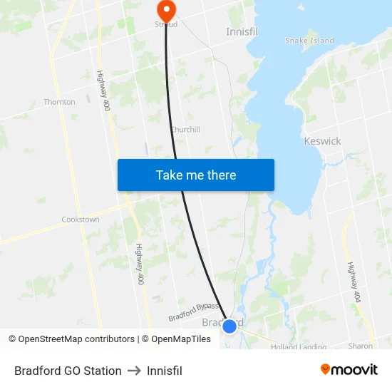 Bradford GO Station to Innisfil map
