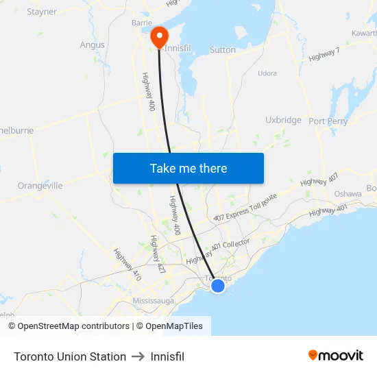 Toronto Union Station to Innisfil map