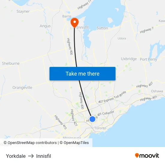 Yorkdale to Innisfil map