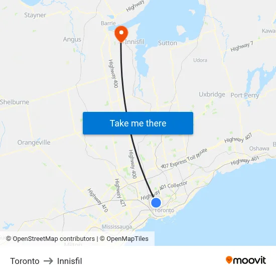 Toronto to Innisfil map
