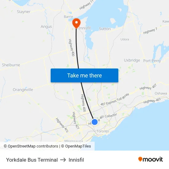 Yorkdale Bus Terminal to Innisfil map