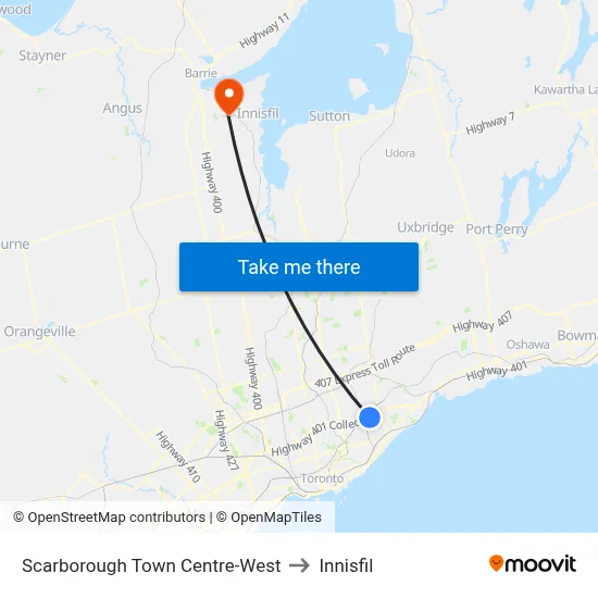 Scarborough Town Centre-West to Innisfil map