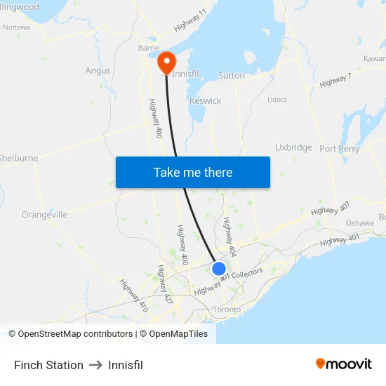 Finch Station to Innisfil map