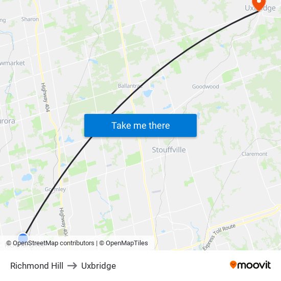 Richmond Hill to Uxbridge map