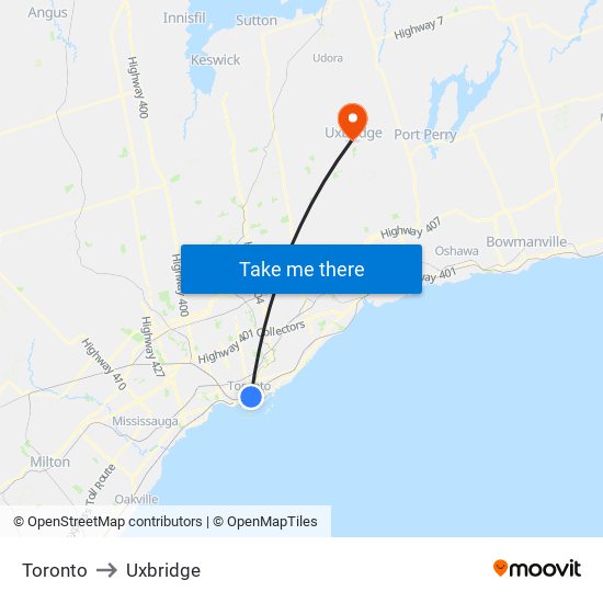 Toronto to Uxbridge map