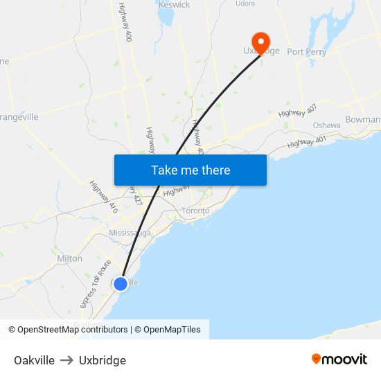 Oakville to Uxbridge map