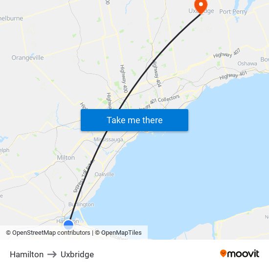 Hamilton to Uxbridge map