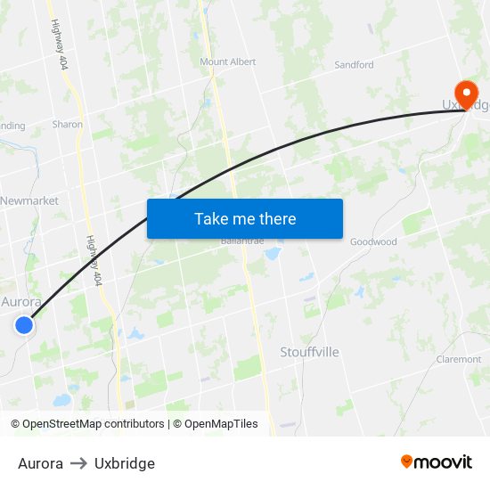 Aurora to Uxbridge map