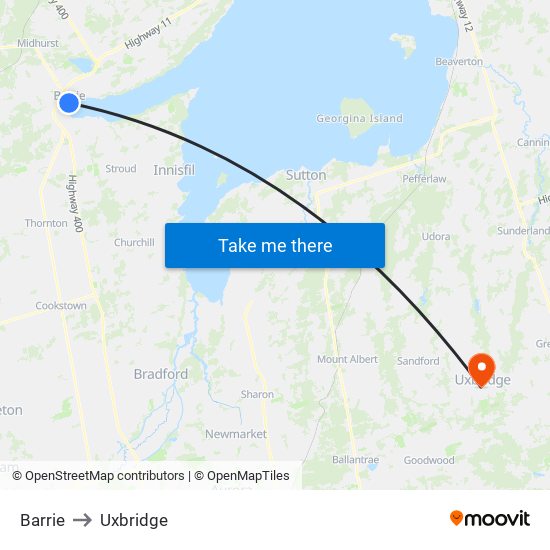 Barrie to Uxbridge map