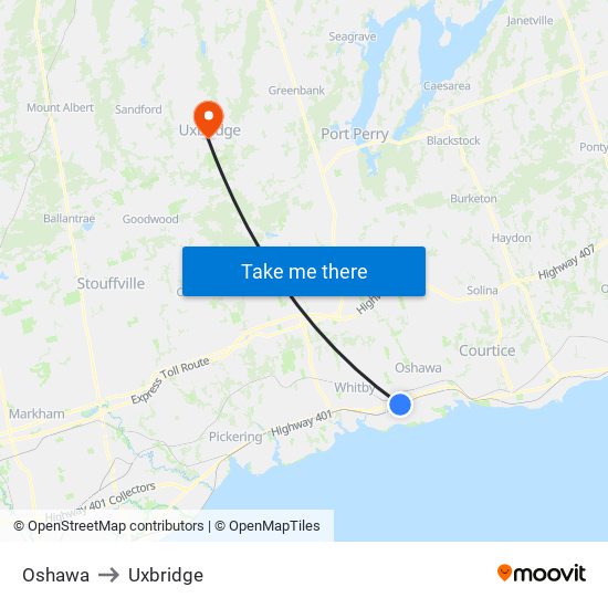 Oshawa to Uxbridge map