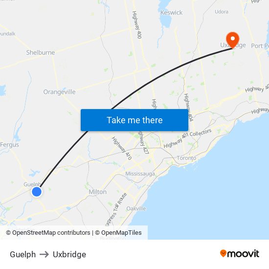 Guelph to Uxbridge map