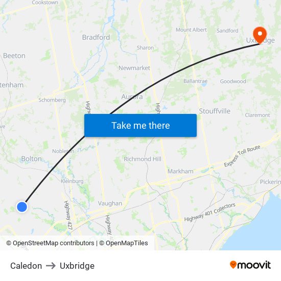 Caledon to Uxbridge map