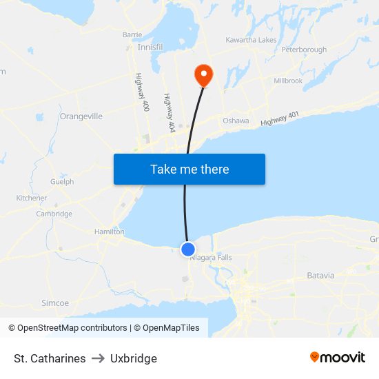 St. Catharines to Uxbridge map