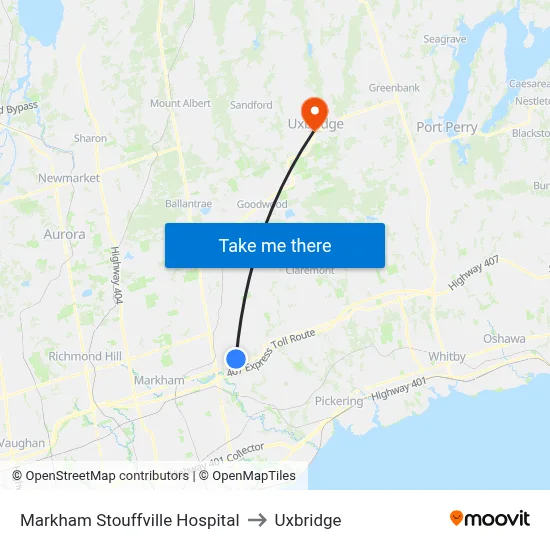 Markham Stouffville Hospital to Uxbridge map