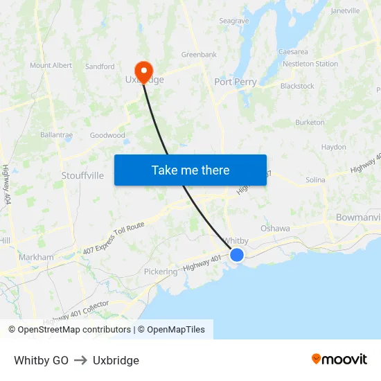 Whitby GO to Uxbridge map