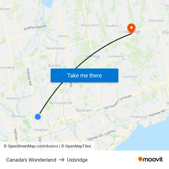 Canada’s Wonderland to Uxbridge map