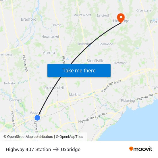 Highway 407 Station to Uxbridge map