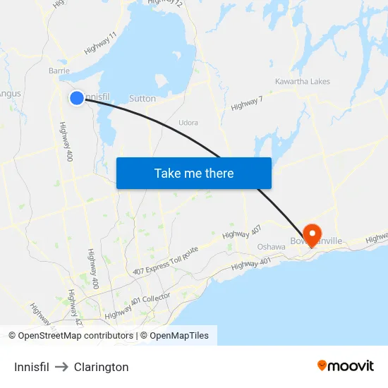 Innisfil to Clarington map