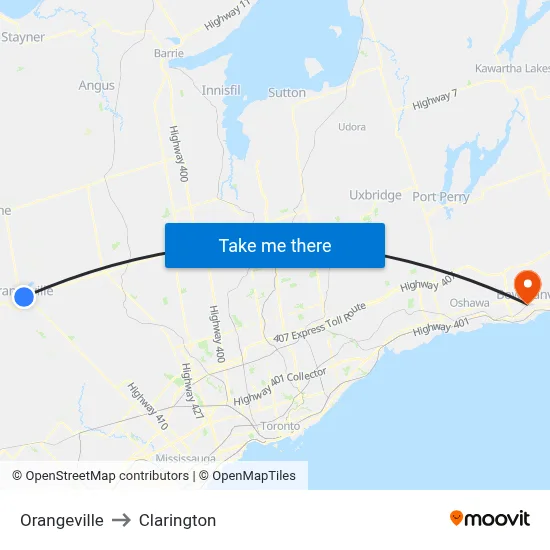 Orangeville to Clarington map