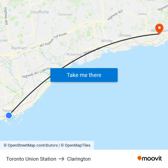 Toronto Union Station to Clarington map