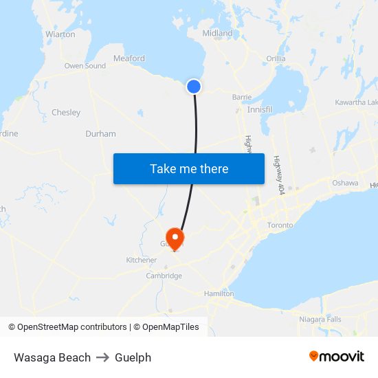 Wasaga Beach to Guelph map
