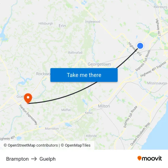 Brampton to Guelph map
