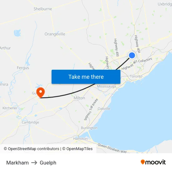 Markham to Guelph map