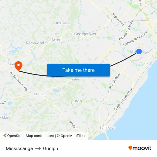 Mississauga to Guelph map