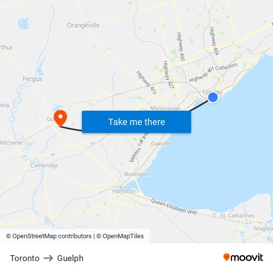 Toronto to Guelph map