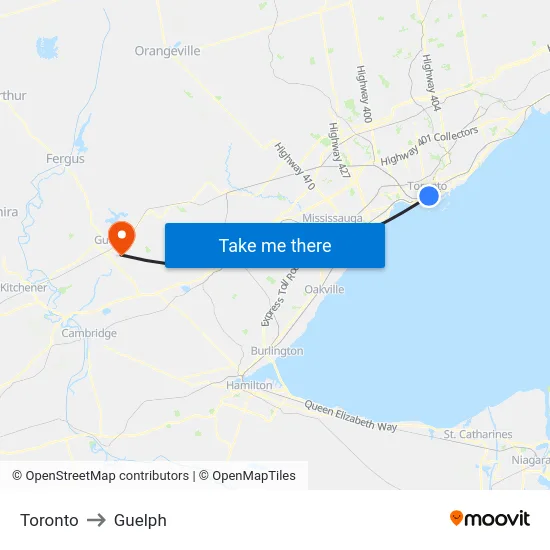 Toronto to Guelph map
