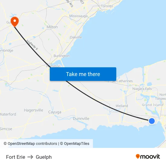 Fort Erie to Guelph map