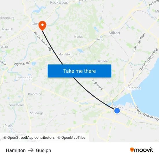 Hamilton to Guelph map