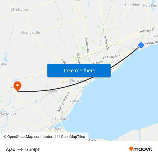 Ajax to Guelph map