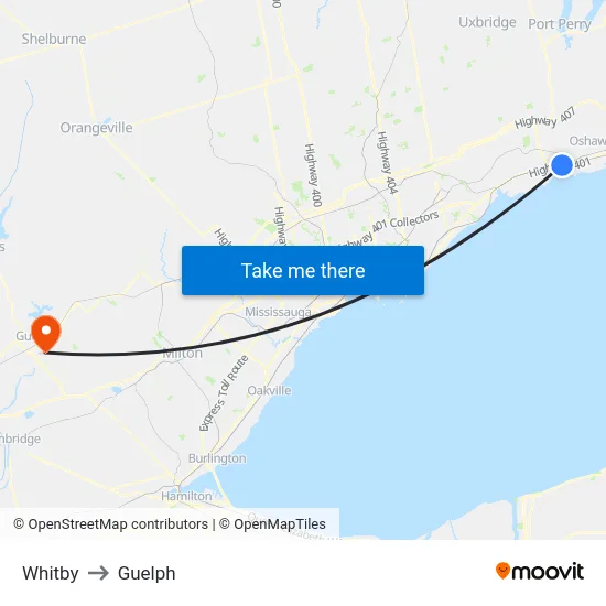 Whitby to Guelph map