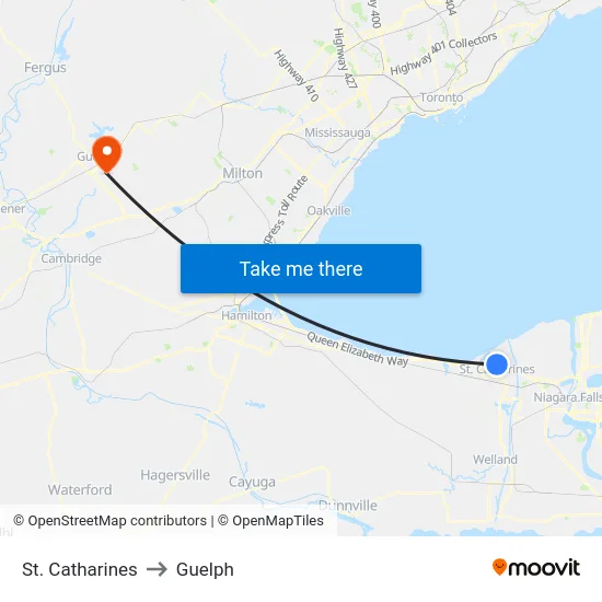 St. Catharines to Guelph map