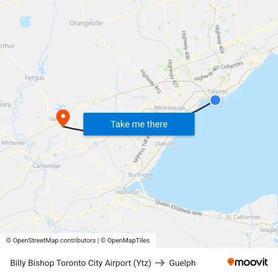 Billy Bishop Toronto City Airport (Ytz) to Guelph map