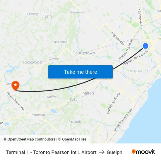 Terminal 1 - Toronto Pearson Int'L Airport to Guelph map