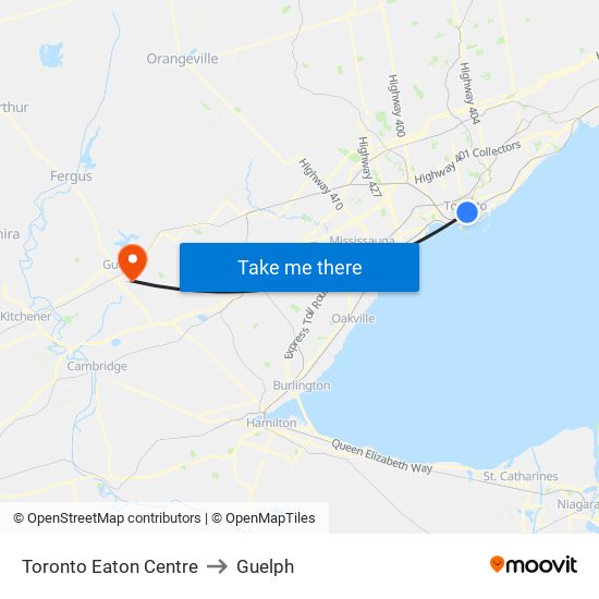 Toronto Eaton Centre to Guelph map