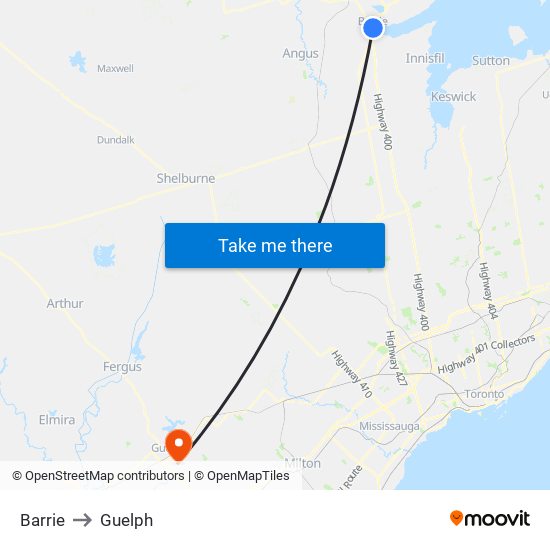 Barrie to Guelph map